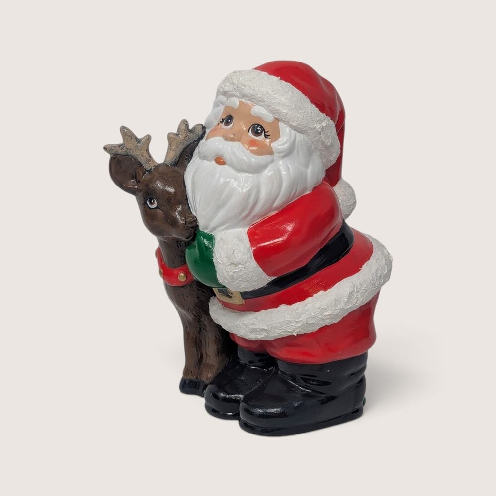 Vintage Handpainted Ceramic Santa And Reindeer Figurine